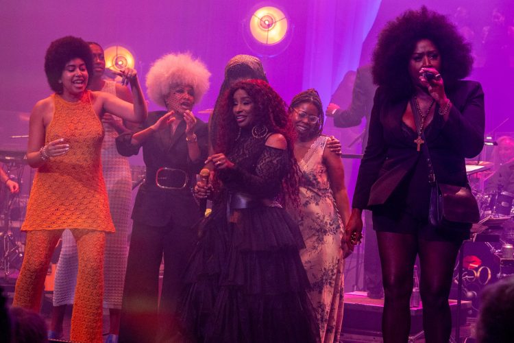 Chaka Khan backed by some of her fellow Meltdown co-headliners. Credit: Peter Edwards